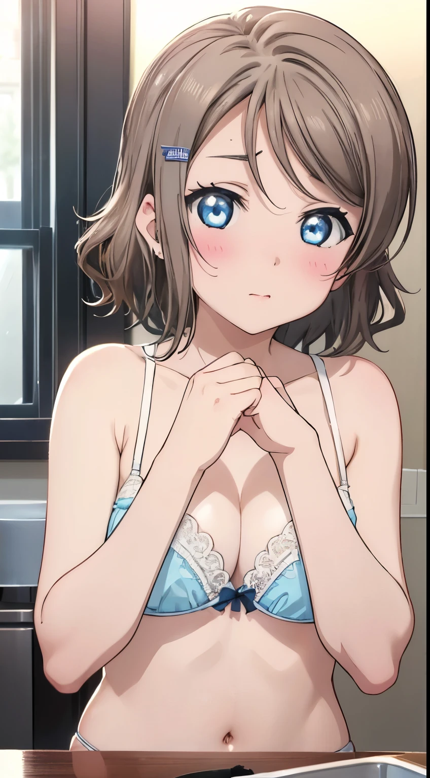 Washstand、Underwear、full bodyesbian、white panty、White bra、Pubic hair shows through、red blush, ((Very detailed)), (Perfectly detailed face), (Highly detailed hands),you_watanabe