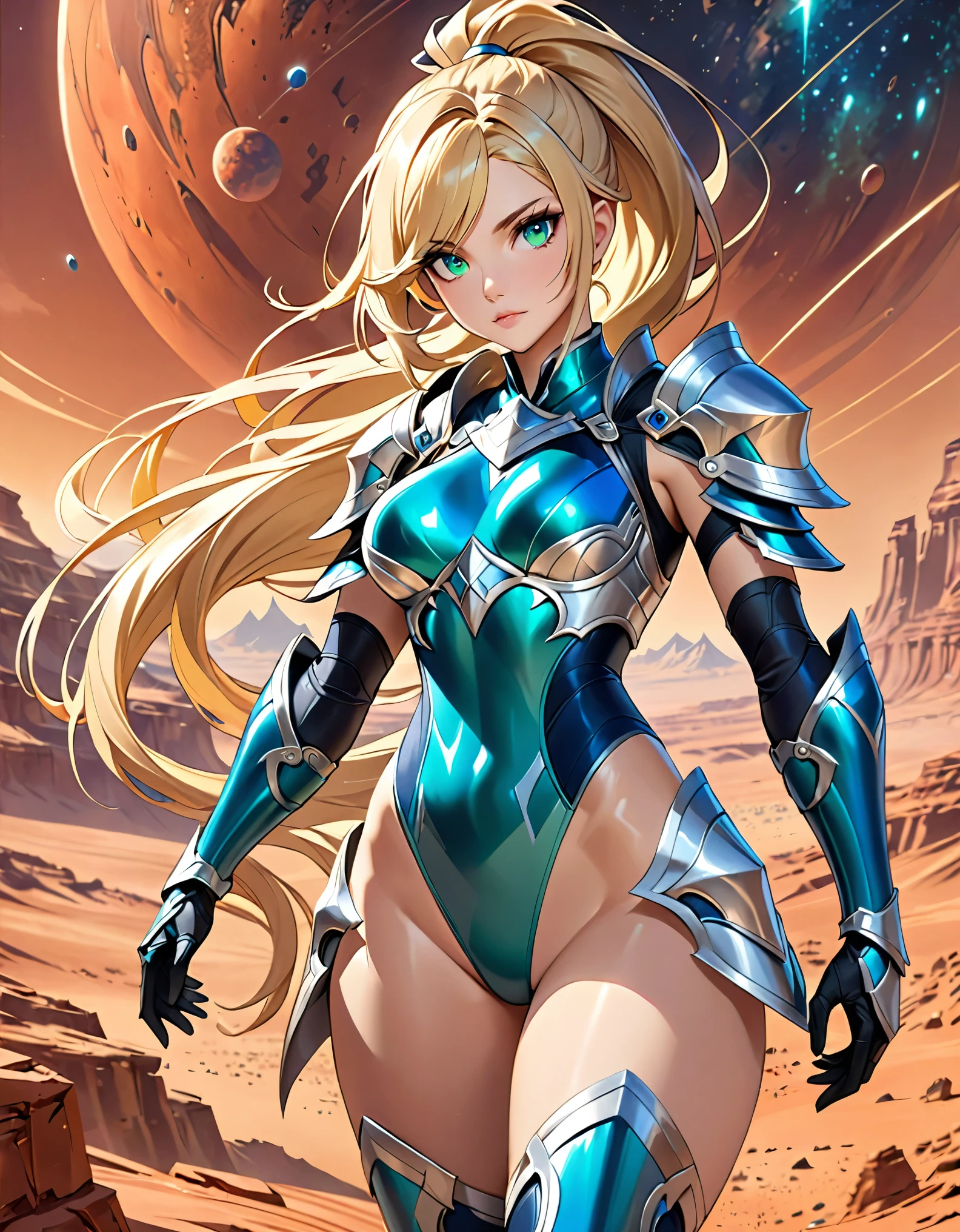 a close up of a woman in a silver and blue leotard, bare legs, blonde hair, long hair, ponytail hair, light green eyes detailed fantasy art, stunning character art, fanart best artstation, epic exquisite character art, beautiful armor, extremely detailed artgerm, detailed digital anime art, artgerm on artstation pixiv, armor girl, matching boots, mars backdrop.