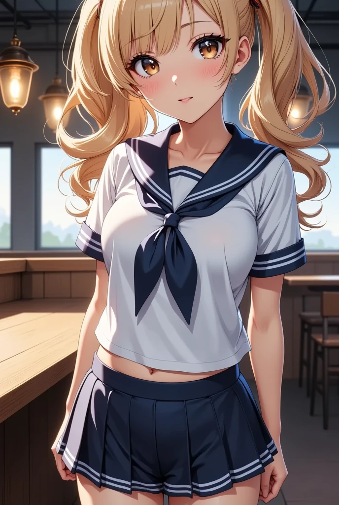 Masterpiece, high quality, top quality, high definition, insanely detailed, ultra-realistic, 4K, 8K, 16K, 3D illustration, one, beautiful blonde girl with a smile serving at the girls' izakaya "Yumekocho" in Isezakicho. She wears a sailor suit with a revealing navel and carries a beer mug.