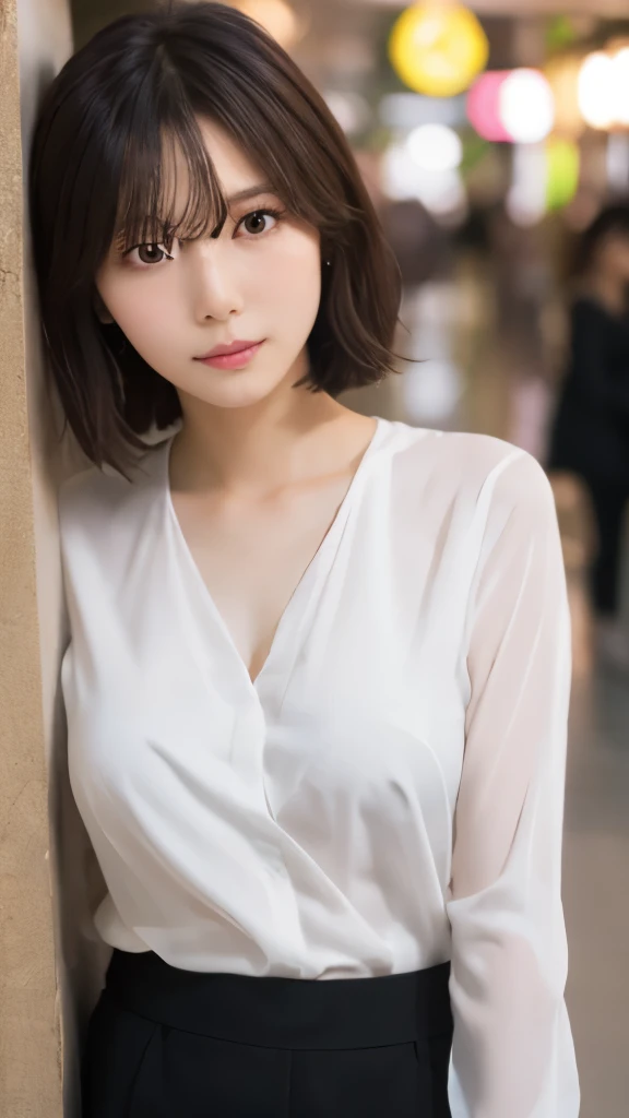 masterpiece, Best Quality, 8K, 1girl, Correct human hands, correct human fingers, 14 yo, face closeup, Cute, Girly, Delicate girl, Neat and clean beauty, medium breast, luminescence, Looking away, Raw photo, F/1.8, 135 mm, NIKON, Anatomically correct, bokeh,Textured skin, Professional Photography, Portrait, Soft light, Professional Lighting, back light, Film grain, (Eyes and faces with detailed:1.0), brown hair, short hair swaying in the wind, bangs, Silk shirt
