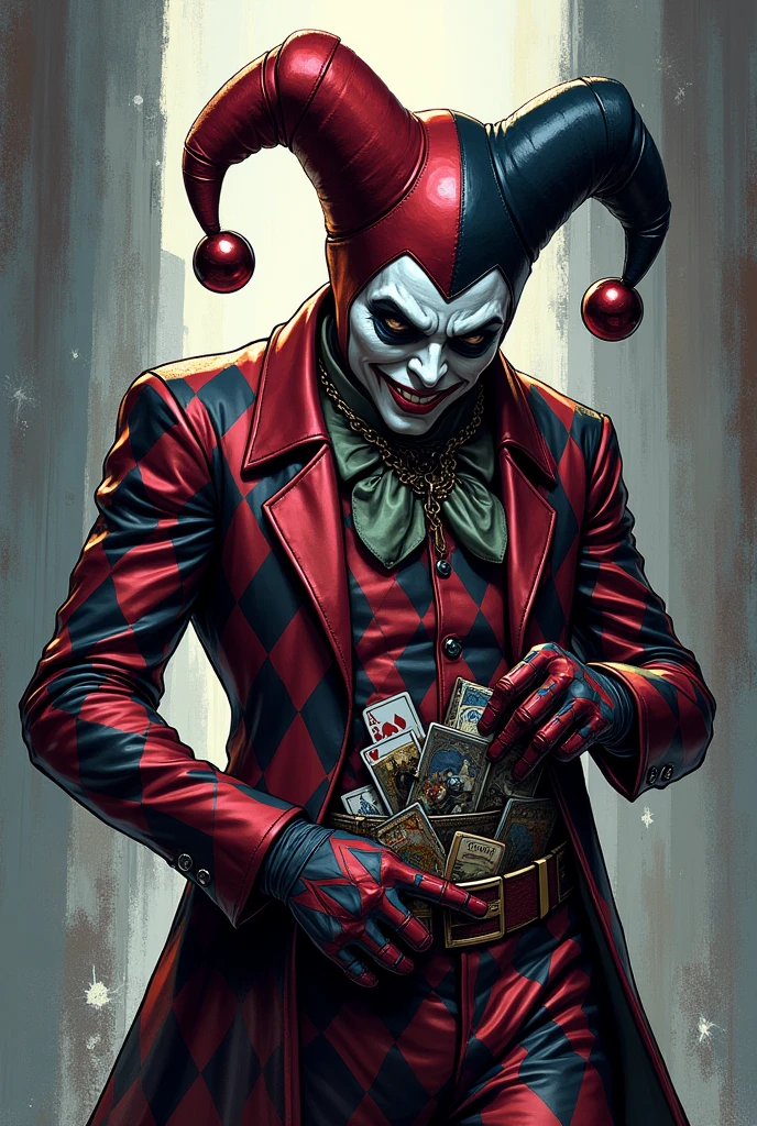 Create a highly detailed, anatomically correct, 4K digital illustration masterpiece of a jester character. The jester is dressed in a traditional harlequin costume with a mix of vibrant red and rich purple colors. The left side of the costume has a intricate red and white diamond pattern, while the right side is a solid, luxurious purple. The jester wears a double-cornered hat with ornate bells on the ends, one side red and the other purple. The character has fair skin, a white painted face and exaggerated, expertly applied black makeup around the eyes and mouth, creating a sinister, yet playful smile. The jester's outfit includes a intricately ruffled collar, puffed sleeves, and black boots with ornate buckles. The character poses with his knee bent and one hand resting on his hip, exuding a mischievous and playful demeanor.