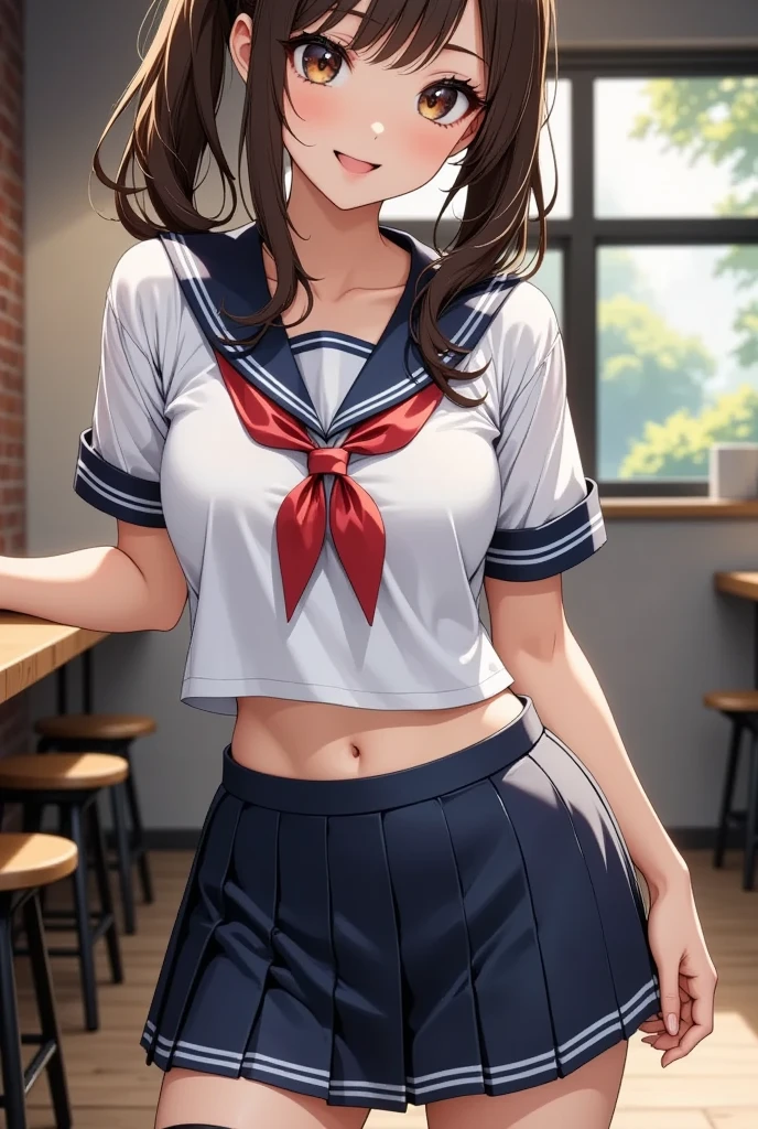 (High quality, High resolution, Fine details, Realistic), BREAK neon aesthetic hotel room, Midnight, BREAK solo, Curvy women, Japanese Sailor Uniforms, bare midriff, Skirts, Panty Shot, Standing, Braided Hair, sparkling eyes, (Detailed eyes), smile, blush, Large breasts, Sweat, Oily skin, Shallow depth of field