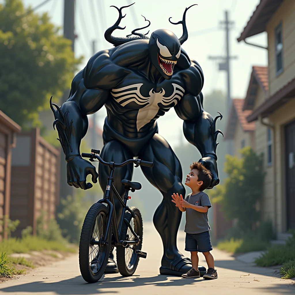 It looks like you've shared an image showing Venom carrying two large sacks while walking beside an elderly woman in a rural setting. The image blends the superhero character with a more everyday, real-world scenario, which gives it an interesting and humorous contrast.