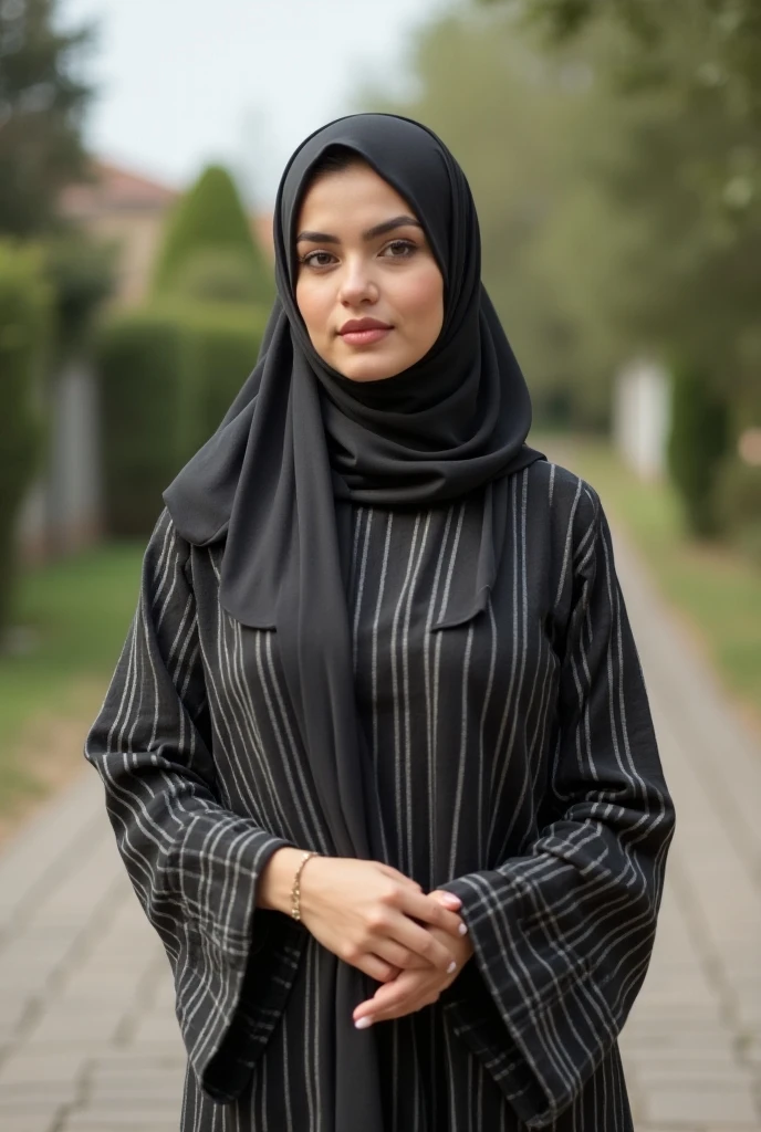 8k, hyper resolution, extremely detailed, A highly detailed, full-body 3D rendering of a realistic woman wearing a hijab with accurate face. She is wearing abaya and standing confidently showing sexy body, black background, drawing attention to its cheerful and elegant appearance. Her skin is smooth, naturally glowing and healthy, and her eyes are bright and expressive. The overall style is a mix of realism and a hint of cartoon features, giving it a lively look. use soft photography lighting.