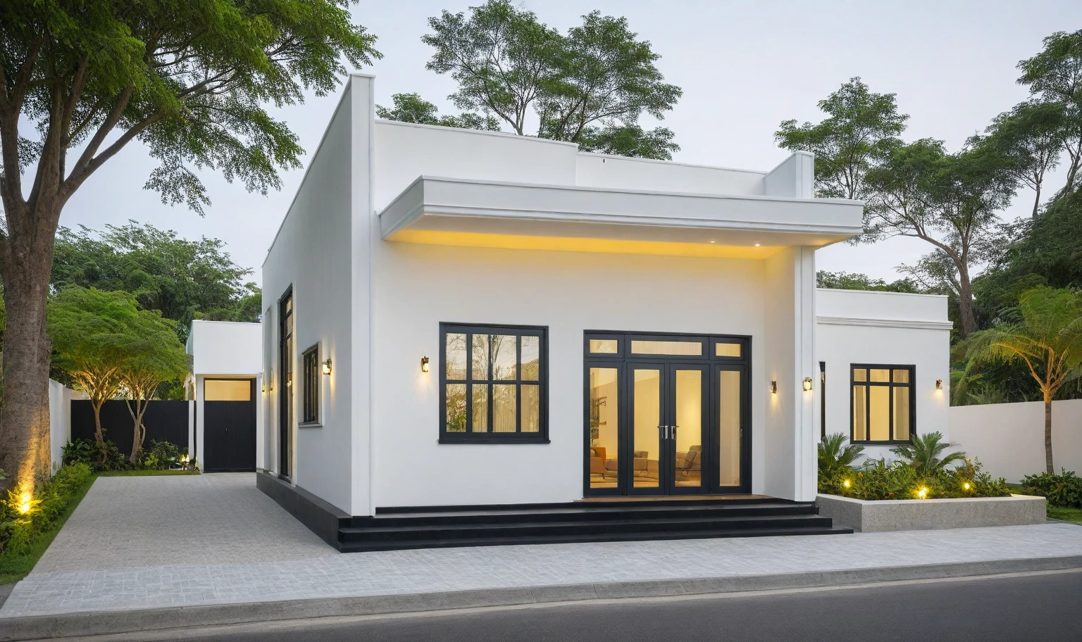 neo classical villa on street, (daylight), tropical tree, vivid colour, streetcapes, white tone, black detail, white wall, large glass door, warm interior lighting, best quality, masterpiece, ultra realistic