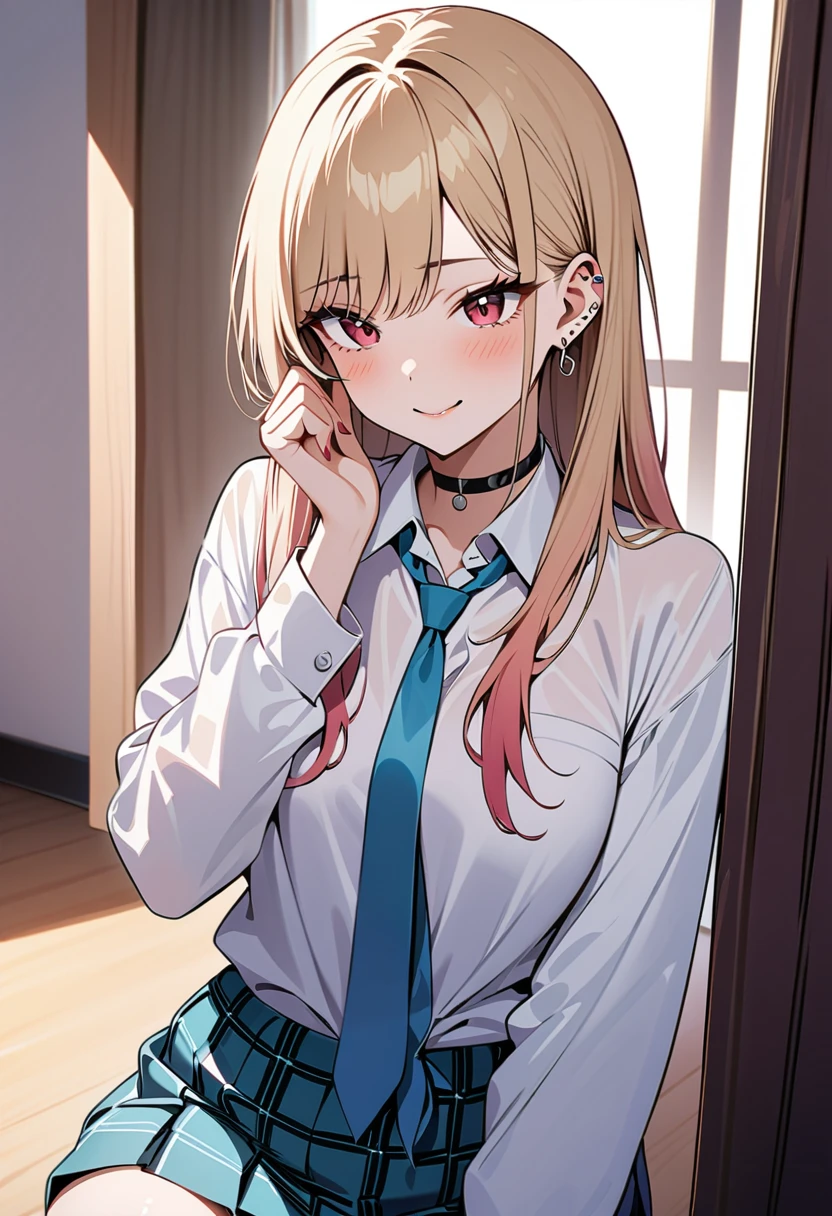 (masterpiece, Best Quality, Mysterious aesthetics, Super detailed),  intricate detail ,  one girl playing pranks,  Marine Kitagawa, sono bisque doll wa koi wo suru, blonde, red eyes, Ear Piercing, Barbell Piercing,  cybernetics,  black choker , Colored Shirt,  white shirt ,  Long Sleeve , Tie-hem shirt,  earrings for a woman alone,  blue tie ,Dazzling Smile、 marine color pleated skirt to tie the hem of a shirt、 Plaid Pleated Skirt