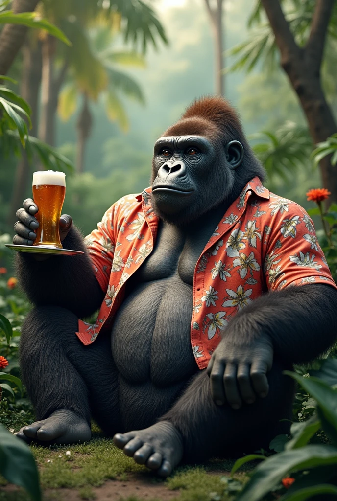 Gorilla with glasses, chain around the neck, and ring on the finger, seated in a chair, drinking a beer from a mug 