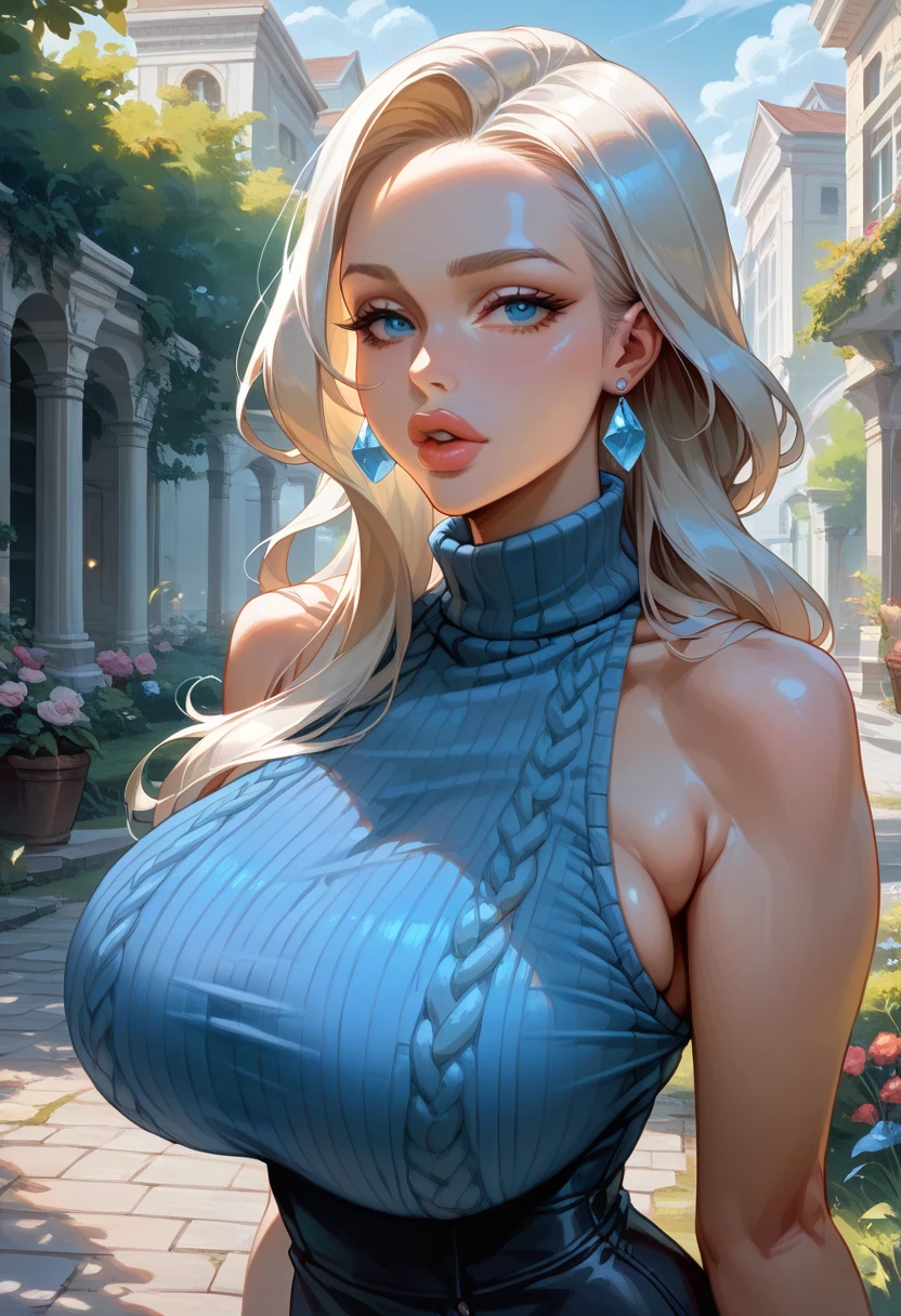 ((highly detailed hentai art style)), outdoors, 1 (((sensual mature woman))), long (platinum blonde hair), detailed blue eyes, ((luscious lips)), ((perfect detailed gorgeous face)), ((sensual expression)), (((huge perfectly round breasts))), (((perfect sensual body))), ((blue sleeveless sweater)).