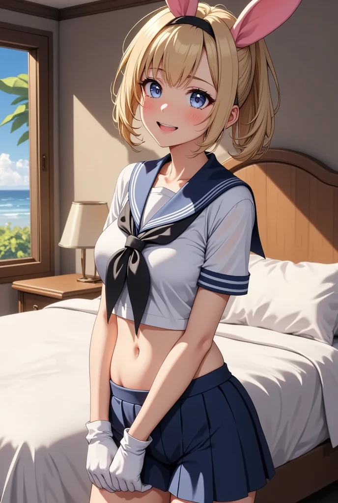 very cute and beautiful girl,(Very detailed美しい顔),Sailor ,(Navy blue pleated mini skirt),
(Skirt Lift,White panties),(smile),blush,View your viewers,Blonde,
Antique hotel bedroom,Luxury furniture,balcony,Ocean View,
(Highest quality,masterpiece:1.2),Absurd,High resolution,Very detailed,Very detailed,32K,8k resolution,
Intricate details,Movie Scenes,Detailed Background,alone,Dynamic Angle,
Natural light,Hair blowing in the wind,Beautifully detailed skies,