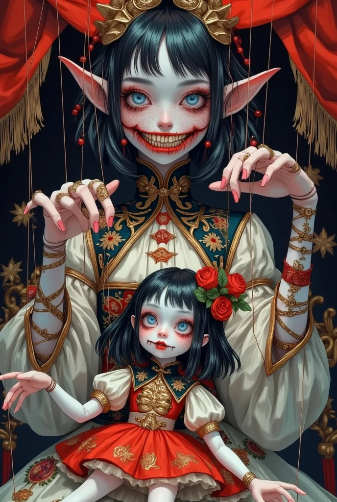 a hideous monster manipulating a marionette puppet, grotesque, japanese surrealism, grotesque masterpiece, detailed digital anime art, style of Beeple and Jeremiah Ketner, highly detailed anime artwork, dark fantasy, dramatic lighting, striking composition, unsettling atmosphere, unsettling tones, ominous presence, intricate details, surreal elements, haunting visuals, dark and twisted, sinister expression, eerie and disturbing, malevolent energy, uncanny and otherworldly, distorted and nightmarish, foreboding and macabre, twisted and deformed, malformed and unnatural, disturbing and uncomfortable, chilling and sinister, haunting and unnerving, unsettling and foreboding, dark and moody, grim and foreboding, nightmarish and horrific, twisted and contorted, grotesque and disturbing, sinister and malevolent, malformed and monstrous, unnatural and disturbing, haunting and chilling, dark and ominous, dramatic and unsettling