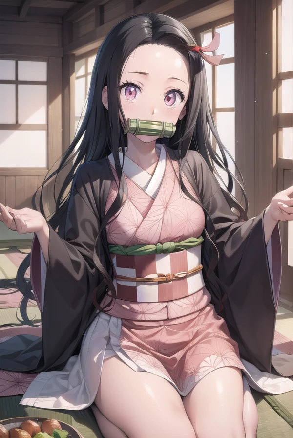 nezukokamado, nezuko kamado, bamboo, (bit gag:1.5), black hair, (forehead:1.5), gag, gagged, hair ribbon, long hair, multicolored hair, (pink eyes:1.5), orange hair, slit pupils, wavy hair, two-tone hair,
BREAK asa no ha (pattern), checkered sash, haori, japanese clothes, kimono, long sleeves, obi, pink kimono, sash, wariza,  wide sleeves,
BREAK looking at viewer,
BREAK indoors,
BREAK (masterpiece:1.2), best quality, high resolution, unity 8k wallpaper, (illustration:0.8), (beautiful detailed eyes:1.6), extremely detailed face, perfect lighting, extremely detailed CG, (perfect hands, perfect anatomy),