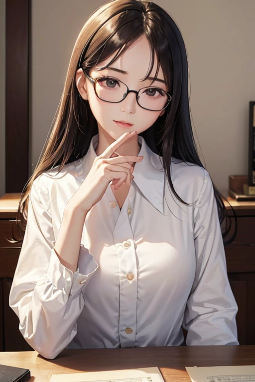 ((Best Quality)), ((傑Best Quality、masterpiece、High sensitivity、 high resolution on down、詳細な描写、 Delicate Facial Description)), Slender woman、Glasses、 newscaster 、Sit down、