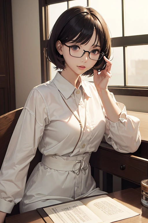 A woman is sitting in a chair with a laptop, Wearing a strict black business suit, sitting on the desk, In a strict suit, on the desk, Dressed in a strict suit, Japanese Goddess, Knee socks and skirt, She sat at the desk, Sitting at the table, Sitting at a desk, Wearing a business suit, Elegant legs, Facing forward seductively, Crossing your legs, sakura futaba, Orange Hair, Blunt bangs, Purple eyes, Violet Eyes, Glasses, White button-up shirt, Headphones, chic, Green jacket, Thick thighs