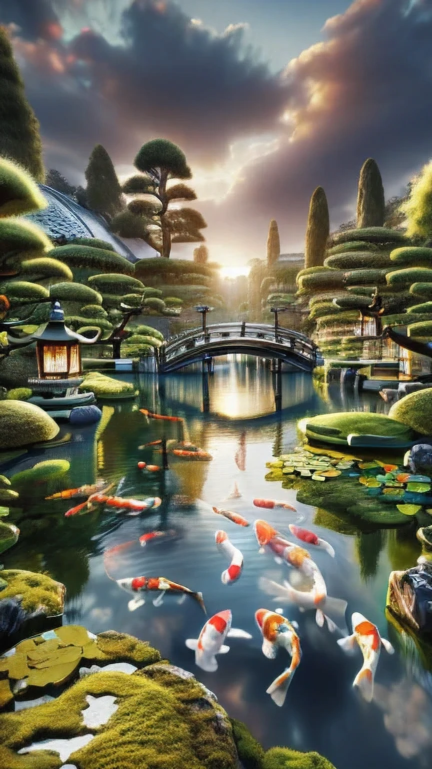 (8k, highres, masterpiece:1.2), ultra-detailed, realistic:1.37, evening pond, calm water, golden sunset, tranquil atmosphere, gentle ripples, lush greenery, vibrant reflections, graceful lotus flowers, serene environment, peaceful setting, subtle color palette, soft natural lighting