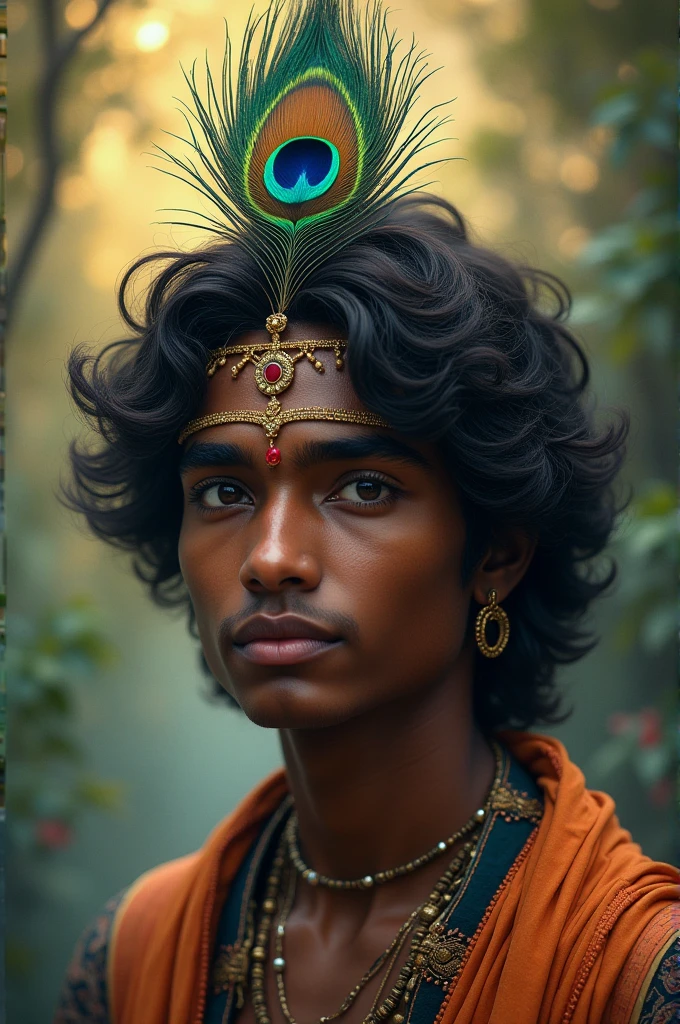 Generate a image if lord krishna of 21 year handsome anime black and white soft blur looking mature and aesthetic with more pankh and basuri and in dhoti setting on a tree. Full photo with scenary with serin eyes big curly hair

