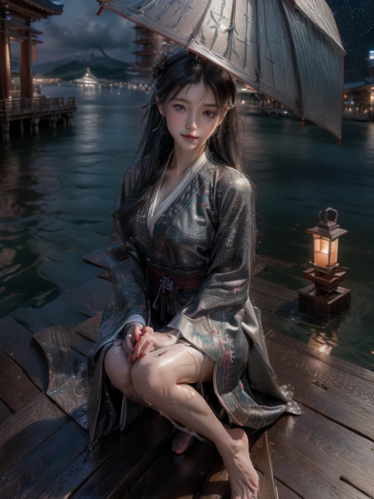 (photo realistic:1.35),  masterpiece, best quality, CG, wallpaper, HDR, high quality, high-definition, extremely detailed, 
(Intricate details), (Subtle details), (Intricate details), 

(A woman, kneeling), 
((holding an japanese umbrella:1.35 )), 
((Pier jutting out into the lake:1.3)), 
(spread legs), 
(Squall:1.35, splashes), 
beautiful scenery, 
(midnight, night sky), ((starry sky)),
shine, glint, 

(wet hair, wet skin,) 
brown hair, 
(wearing soft silk clothing), 
 headdress, 
shining eyes, 
perfect face, detailed face, 
perfect female anatomy, two legs, two feet, two arms, 

