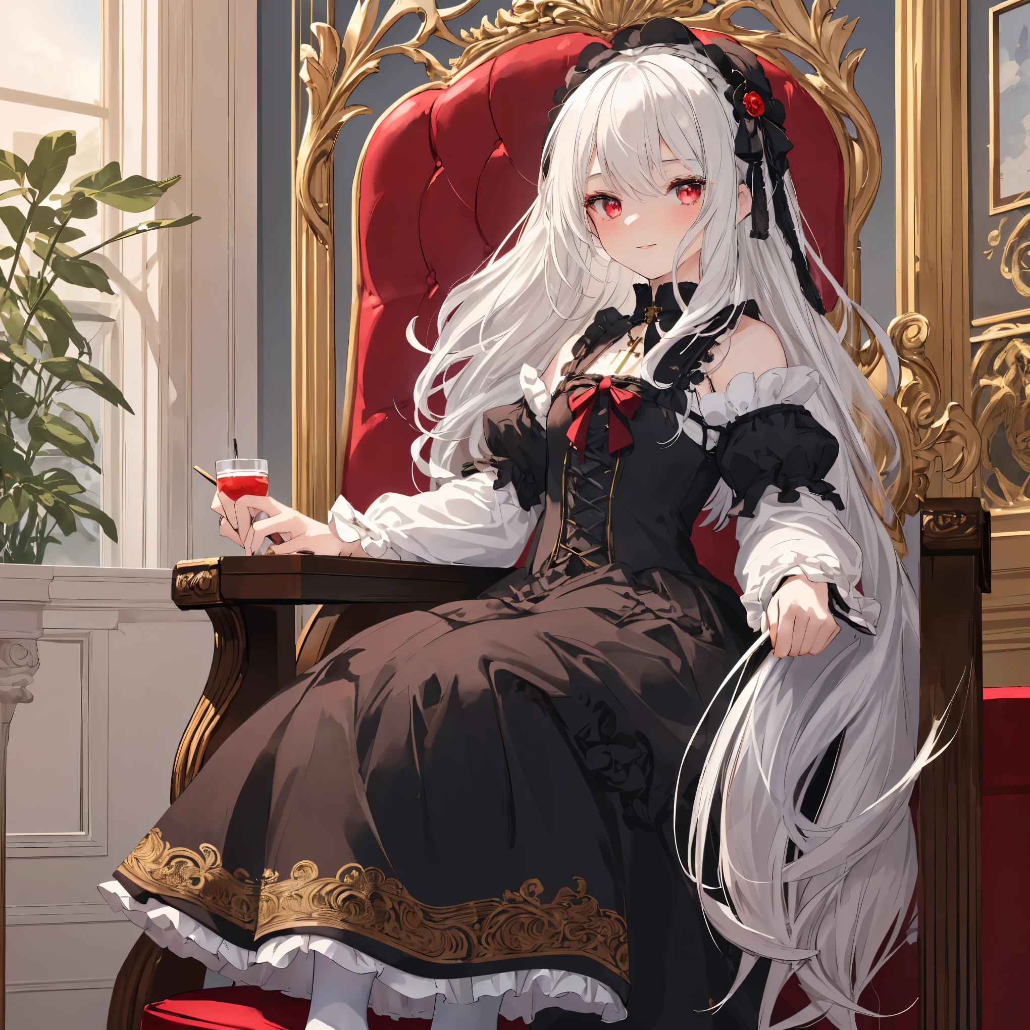    High image quality  , masterpiece,  Delicate hair  ,  DELICATE EYES FULL OF DECISION,  Delicate hair  , ((masterpiece, 最   High image quality  )),    High image quality  , masterpiece,  Delicate hair  ,  DELICATE EYES FULL OF DECISION,(Photo Original)， one girl playing pranks， ((  16-year-old girl with white hair and red eyes  ,   gracefully sitting in an ornate chair  , gothic lolita dress, Small and delicate, Champion&#39;s Attitude,  intelligent gaze and gentle smile  , Intricate braided hairstyle ,  antique cross necklace ,  expandable rune baton nearby  )),   mystery novel on chess board and side table ,   bookshelf and whiteboard with intricate pictures in the background ,   ornate room with red and gold decorations  ,  Digital Art Style , Influenced by anime,   Details,  high quality   ,Ash,((Ink wAsh painting)),((ink splAshing)),((color splAshing))