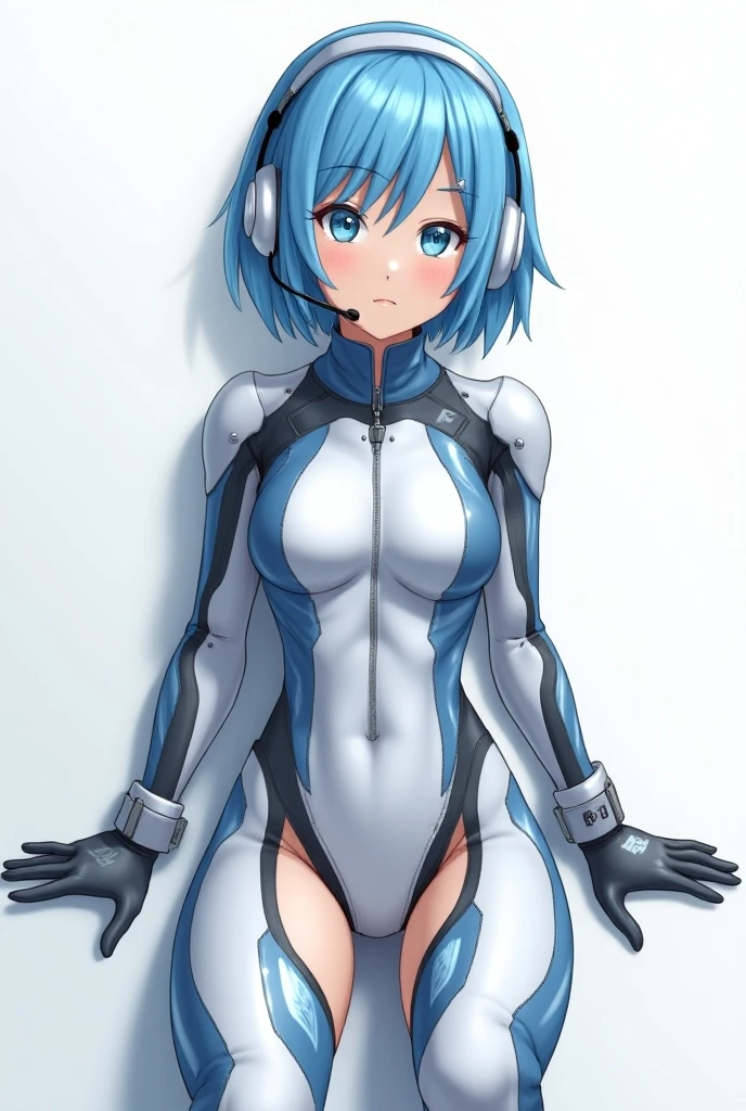 (futanari:1.8), One girl, Ayanami Rei, alone, Red eyes, Plug Suit, short hair, Blue Hair, chest, Bodysuits, Upper Body, White Background, white Bodysuits, Simple Background, Interface Headset, bangs, Mouth closed, Hair between the eyes, medium chest, medium quality, slow, 