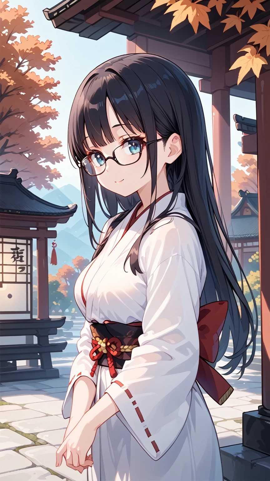 Black Hair, long hair,Glasses, Japanese Shrine Maiden, Japanese shrines ,Beautiful autumn sunshine,  high resolution on down  , 最高quality, Accurate, 高quality, quality,   very detailed,
