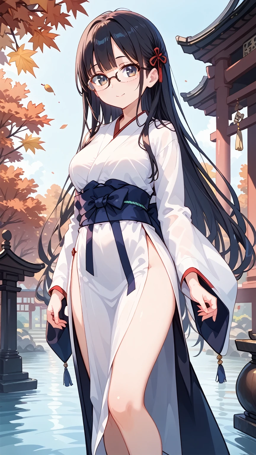 Black Hair, long hair,Glasses, Japanese Shrine Maiden, Japanese shrines ,Beautiful autumn sunshine,  high resolution on down  , 最高quality, Accurate, 高quality, quality,   very detailed,
