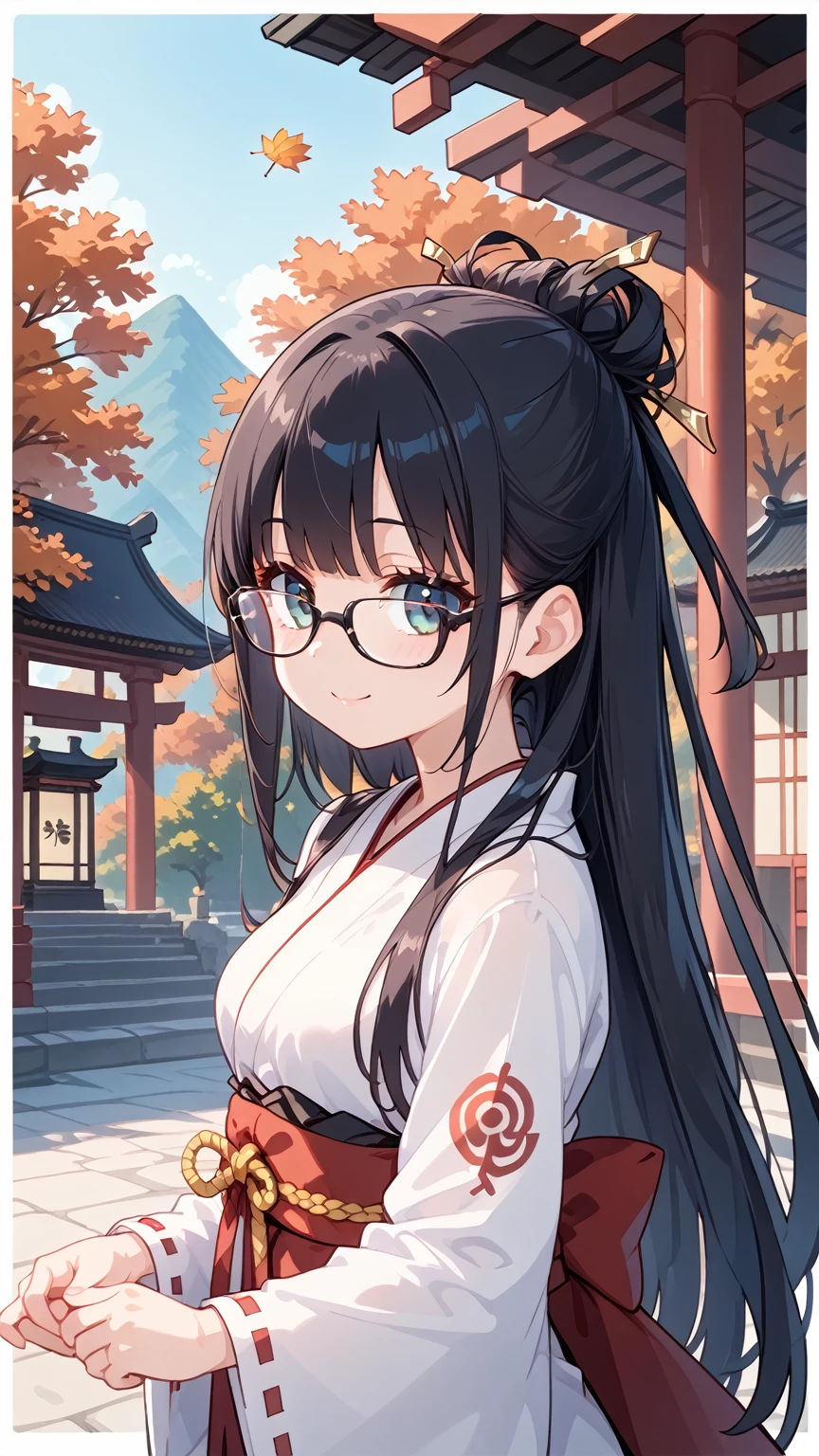 Black Hair, long hair,Glasses, Japanese Shrine Maiden, Japanese shrines ,Beautiful autumn sunshine,  high resolution on down  , 最高quality, Accurate, 高quality, quality,   very detailed,
