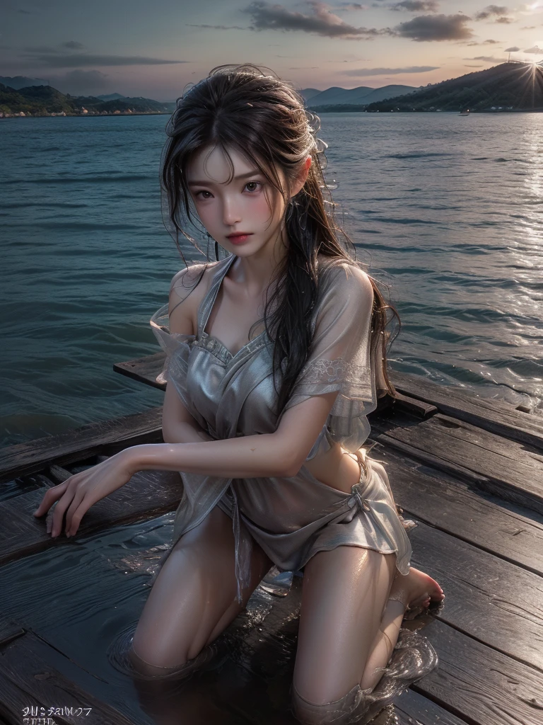 (photo realistic:1.35),  masterpiece, best quality, CG, wallpaper, HDR, high quality, high-definition, extremely detailed, 
(Intricate details), (Subtle details), (Intricate details), 

(A woman, kneeling), 
((Pier jutting out into the lake:1.3)), 
(spread legs), 
(Squall:1.35, splashes), 
beautiful scenery, 
(midnight, night sky), ((starry sky)),
shine, glint, 

(wet hair, wet skin,) 
brown hair, 
(wearing soft silk clothing), 
 headdress, 
shining eyes, 
perfect face, detailed face, 
perfect female anatomy, two legs, two feet, two arms, 

