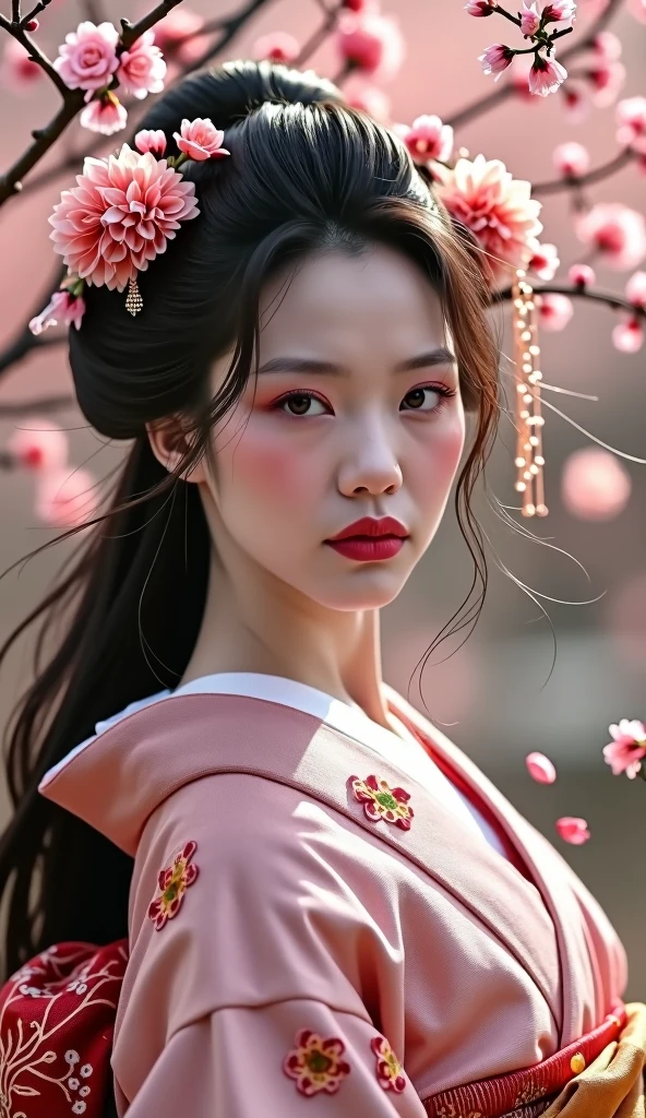 Realistic intrincate photography; Sensual Geisha 45 years old, long hair in the wind ,  cherry blossoms  