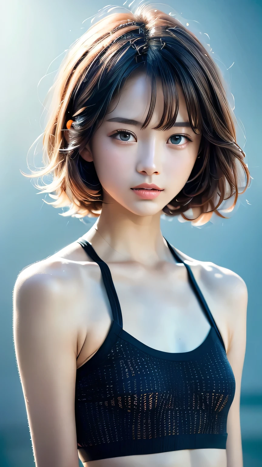 (masterpiece, Best Quality:1.2), 8k, absurd, ( upper body:1.2), violet, Gardenia, beautiful girls, ( pretty face, Detailed Face :1.2), (crochet halter neck tank top:1.2), viewers, film grain, chromatic aberration, sharp concentration, high resolution on down, face light, ( simple background, Dull Blue Background:1.3)
