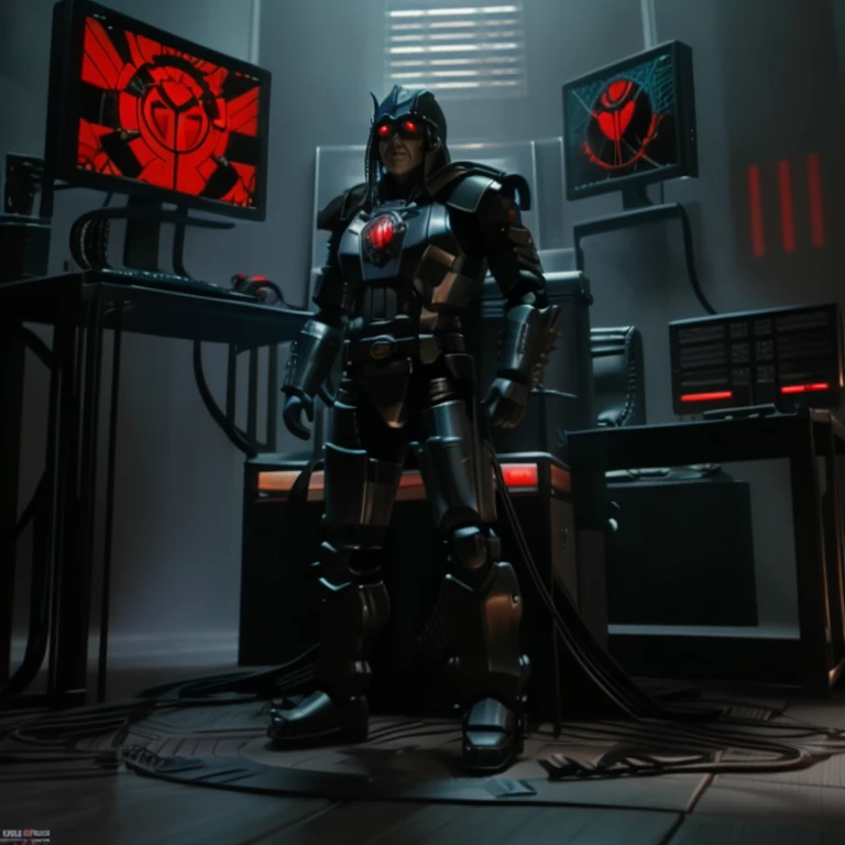 3D rendering,  action figure, standing, full body shot ,cptpower, biodread, lord dread, black armour, helmet, red cyborg eye, sitting on throne, evil, computers, screens, new order logo, realistic photo,  foggy, smoky, war , digital image, 