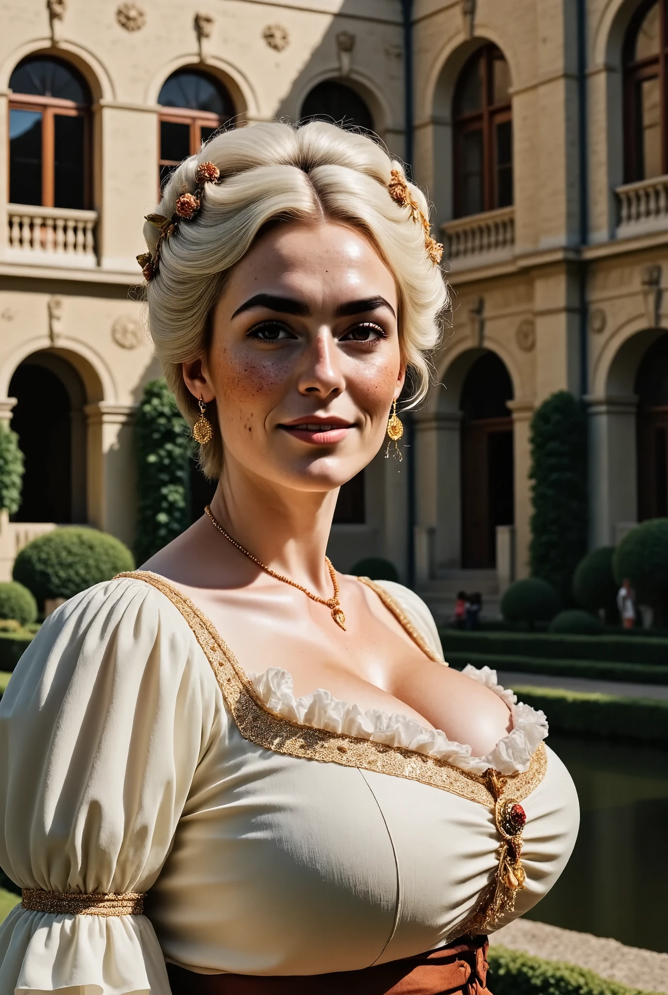 Photorealistic, cinematic style, a picture of a beautiful British woman dressed as (Marie Antoinette). (White powdered wig:1.5), She's got brown eyes, downturned eye shape, whitish pale skin and freckles, perfect hand,HDR, intricate details. She's standing in a geometrically designed french garden. French court, opulence, Marie Antoinette. Slight smile.