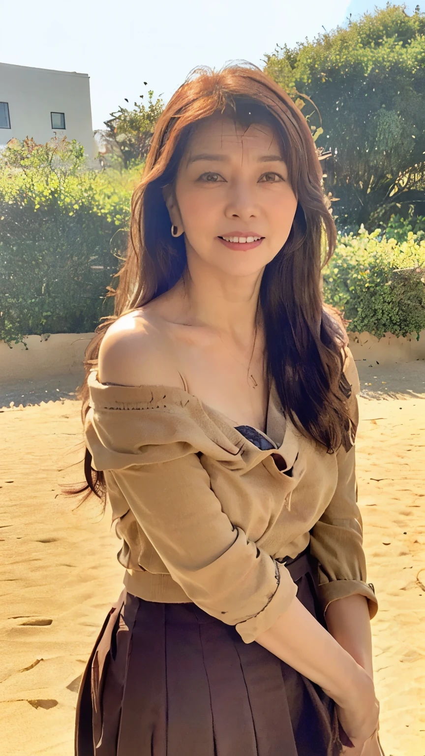 nsfw, ((Best Quality)), ((8k)), ((masterpiece:1.3)), (Perfect looks), ( photorealism :1.6), ( sandy beach: 1.6), ( woman), (The sky dyed red by the sunset), (Sunset over the sea: 1.2), 日本人のwoman, 47 years old, ((  realistic skin texture  )), ( fine wrinkles all over his skin : 1.3), (Dull skin: 1.1), (Dry skin: 1.2) , (Facial wrinkles: 0.9), ( Eye corner wrinkles : 1.2),  double eyelid, Lower eyelid tear trough, (Crying Mole: 0.9),  looking here , Serious gaze, (Dimples: 1.2), Long Hair, ( long wavy hair ), (Hair over the ears), Soft fabric off-shoulder blouse,  wide sleeve,  cuff that fits your wrist , (The hem of the blouse is tucked into the skirt: 1.2),  flared skirt showing right shoulder, barefoot,  hair that flutters like,  small breasts, (whole body: 1.4),
