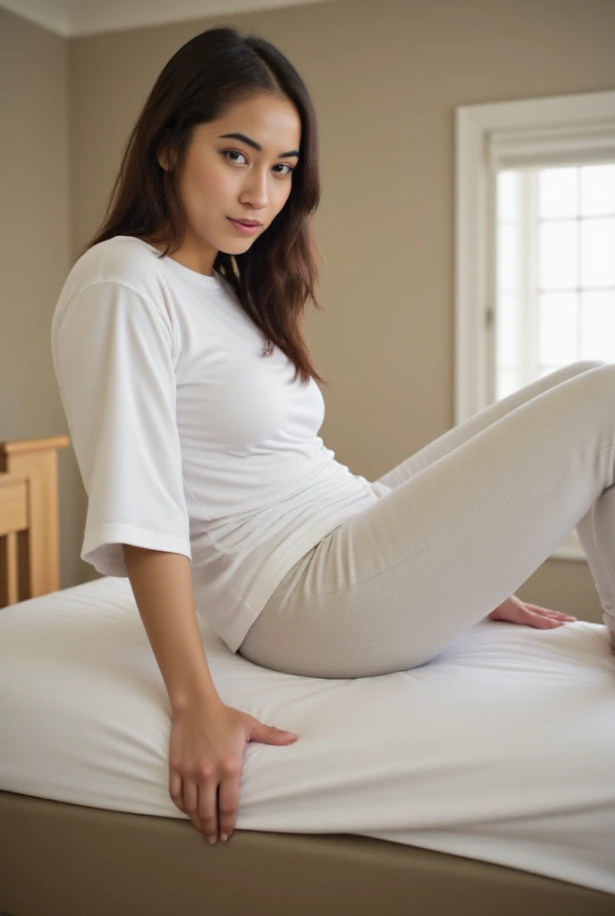 Eraa lounging seductively on a couch wearing waffle knit pants and a loose white A-shirt top.The background shows a neatly made bed with white bedding, and a window to the right suggests natural daylight filtering in. The image has an amateur quality, slightly blurred in some areas, with soft focus on Eraa, contributing to a sensual, intimate atmosphere