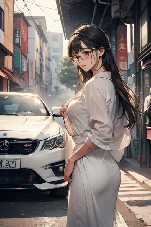 ((Best Quality)), ((傑Best Quality、masterpiece、High sensitivity、 high resolution on down、詳細な描写、 Delicate Facial Description)), Slender woman、Glasses、Washing 、 cars、