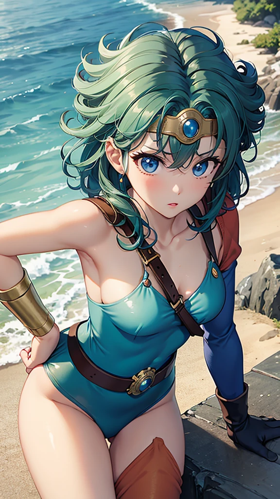 (((SFW、sound、Highest quality、Top notch work、Normal body、、Detailed face、Ultra-precision、normal hand、Normal refer、5refer、Highest)))、beautiful girl、Black Hair、yamato nadeshiko、Small breasts、Shortcuts、Blue leotard、Shoulder Off、Black paleo skirt、Red Cape、Circlet、Dragon Quest、Basking in the sun at the beach