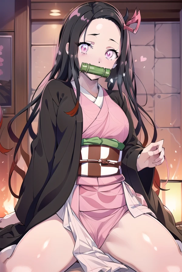 Nezukokamado, Nezuko Kamado, bamboo, (bit gag:1.5), black hair, (forehead:1.5), gag, gagged, hair ribbon, long hair, multicolored hair, (pink eyes:1.5), orange hair, slit pupils, wavy hair, two-tone hair,
break asa no ha (pattern), checkered sash, haori, japanese clothes, Kimono, long sleeves, Heart, pink Kimono, sash, wariza,  wide sleeves,
break looking at viewer,
break indoors,
break (masterpiece:1.2), best quality, high resolution, unity 8k wallpaper, (illustration:0.8), (beautiful detailed eyes:1.6), extremely detailed face, perfect lighting, extremely detailed CG, (perfect hands, perfect anatomy),、Cowgirl、 sex、Creampie