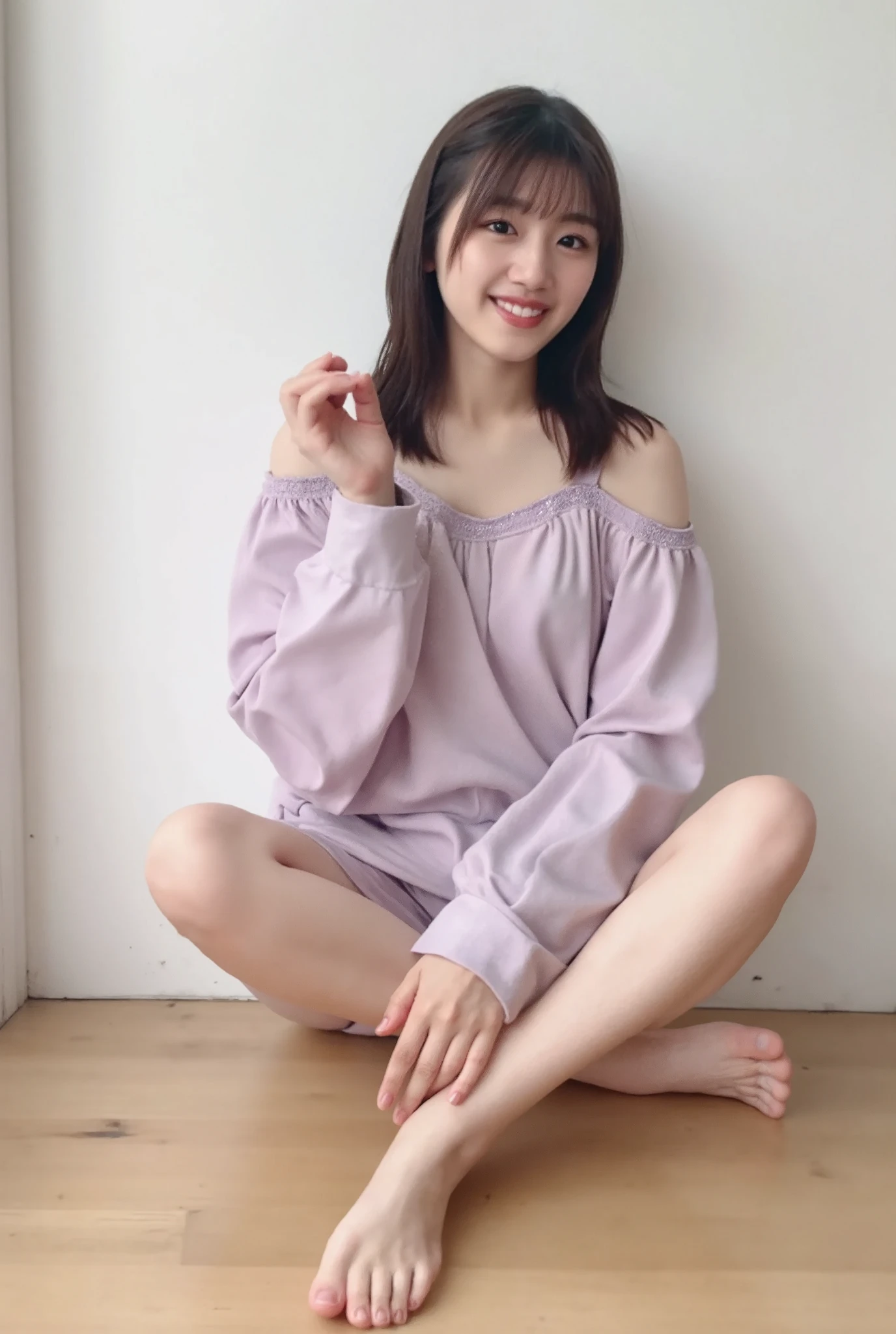 Full body shot from the front、Wear off-the-shoulder mini one-piece pajamas, bend your knees, spread your legs, take a cross-legged pose, and sit while looking at me, Slender bare legs 、smile、The background is a monotone 

