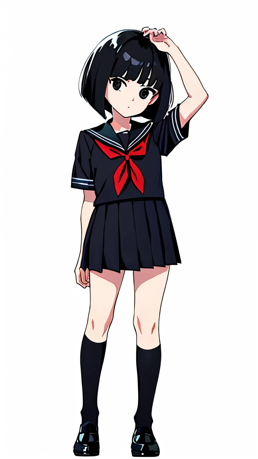 Full body, standing, black hair, bob cut, black eyes, black sailor uniform, White background