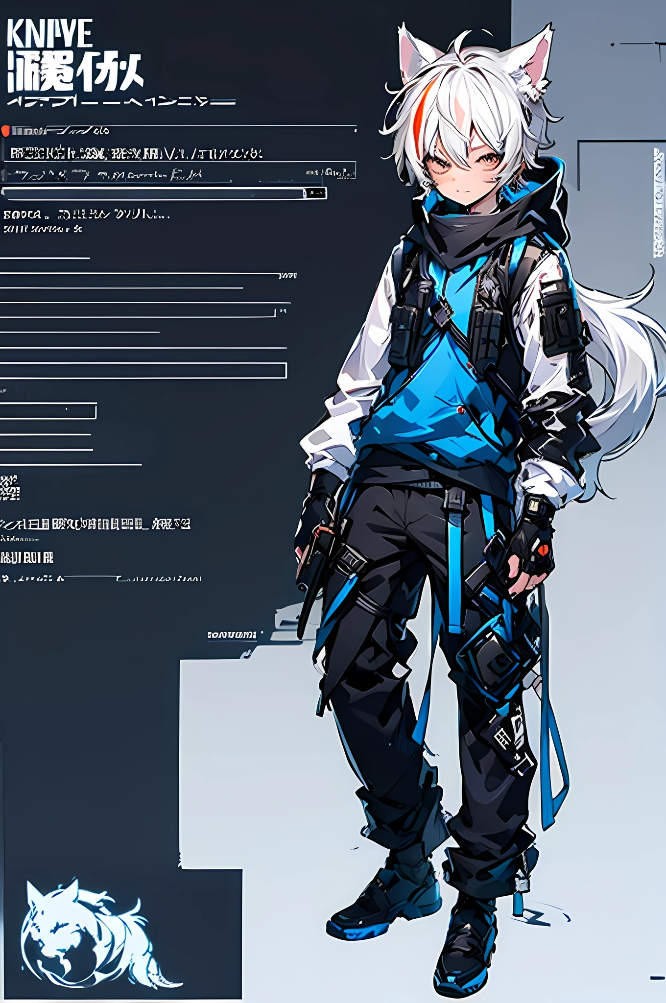 Game CG, 8K quality ,((one boy)),hood , anime male protagonist ,Wolf ears,Tail,Slim, 8K quality ,((one boy)),hood , anime male protagonist ,Wolf ears,Tail,,multicolored hair,suffering , Injuried, Headwear ,White Combat Suit , Black Combat Vest , White Trousers , fingerless gloves,Combat Boots ,Full body portrait ,fighting stance,looking to the side,one hand on own chest,wielding gun ,outline,projected inset,(Alone),Soldier,