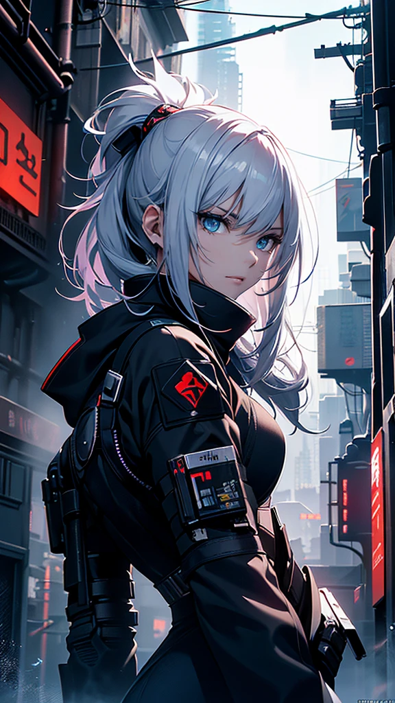 top-quality、Top image quality、in 8K,4K,masterpiece、(NSFW:1.3)、ultra-detailliert、Beautiful、ultra-quality、adult-like、Cool、girl with(((18year old、White Zero Suit 1:3、Bust 78、silber hair、a short bob、Red Eyes、flank、erotick:1.4、Happiness、The tattoo)))、place々torn:1.4、Raise your hands up:1.3、hiquality、visualart、Background with((nightcity:1.2))、masutepiece