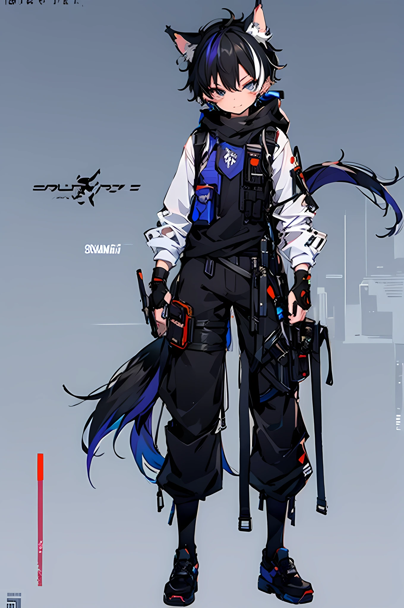 Game CG, 8K quality ,((one boy)),hood , anime male protagonist ,Wolf ears,Tail,Slim, 8K quality ,((one boy)),hood , anime male protagonist ,Wolf ears,Tail,,multicolored hair,suffering , Injuried, Headwear ,White Combat Suit , Black Combat Vest , White Trousers , fingerless gloves,Combat Boots ,Full body portrait ,fighting stance,looking to the side,one hand on own chest,wielding gun ,outline,projected inset,(Alone),Soldier,