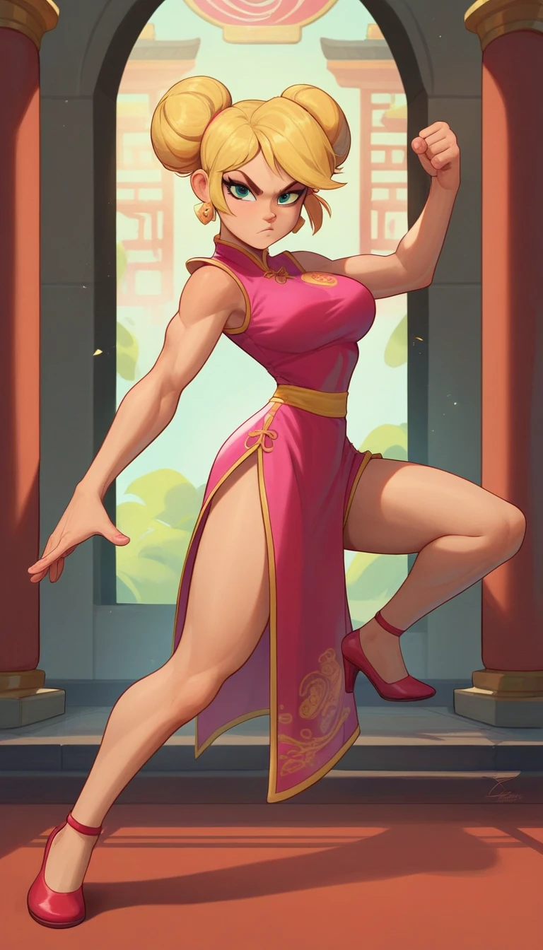 lola loud, 1girls, solo, 24yo girl, large breasts, pink cheongsam, inside of a chinese temple, looking at viewer, blonde hair, two hair buns , hands score_9, score_8_up, score_7_up, high heels, teep fighting stance,martial arts