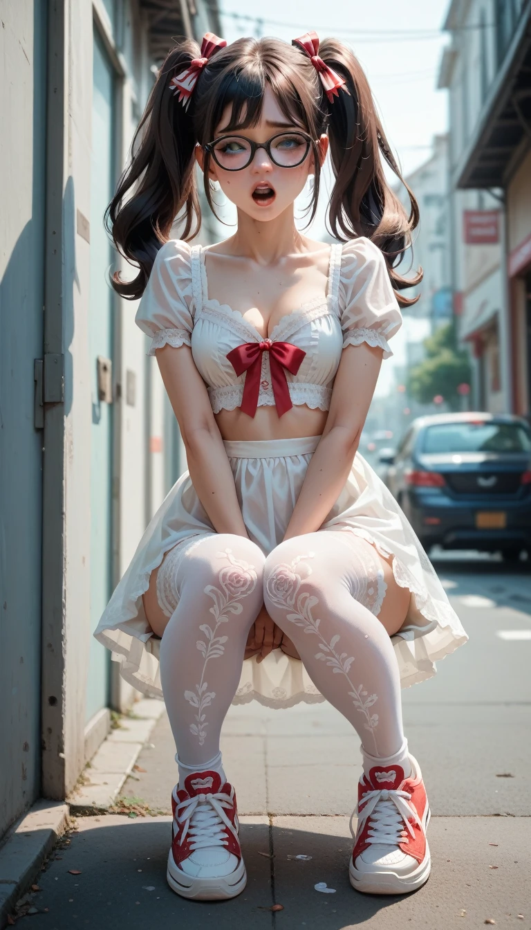 Full-body view NSFW, 8-years-old cute girly, orgasm, sex, make-up, beautiful face, twin tails, glasses, lace white transparent stockings with pattern and ribbons, white socks with pattern, sneakers, beautiful breasts, ****ta look