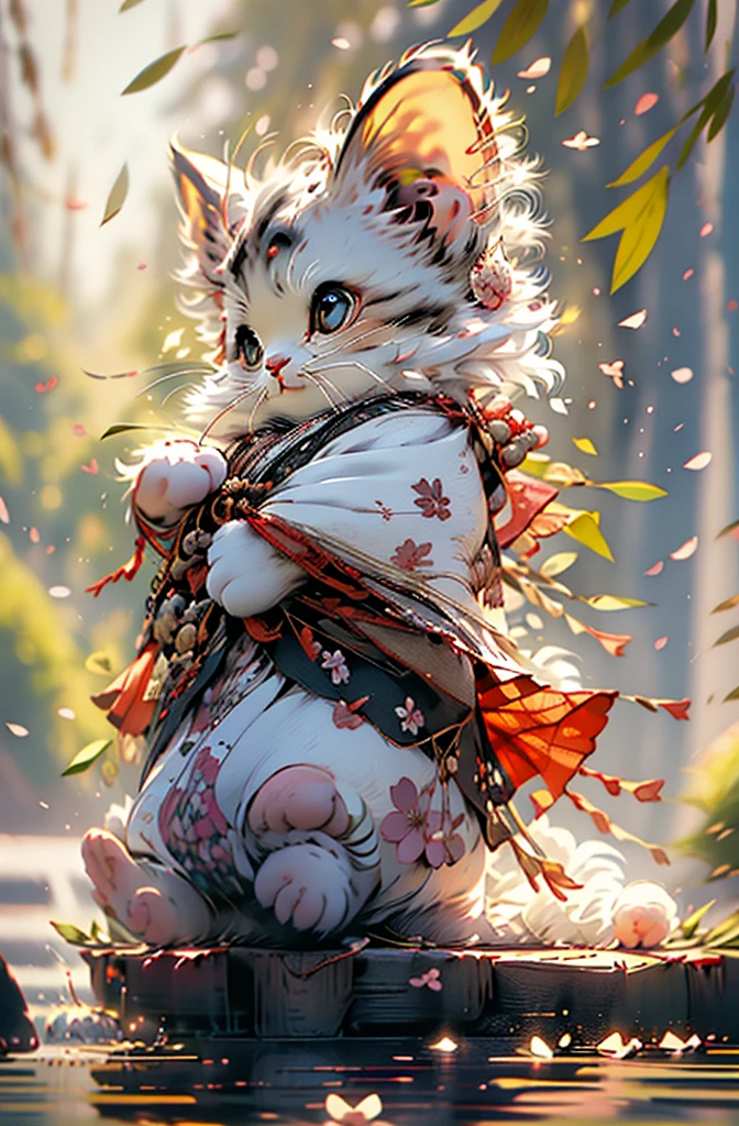  cute little surreal white cat ,  Positive ,little,  super fluffy and cute ,  cute smile,Logo Design, comics,  cinematic lighting effect,   charming 3D vector art  , Cute and quirky  Fantasy art, Bokeh, hand drawn,  digital painting ,  soft lighting,   isometricスタイルの滝, 4K,  photorealistic rendering , Very detailed and pretty, Vector image , Lift the photorealistic masterpiece ,  professional photos , cherry blossom petal background , Fantasy, Light background, flat white gradient background,  isometric, Vibrant Vector Images, Cherry blossom background