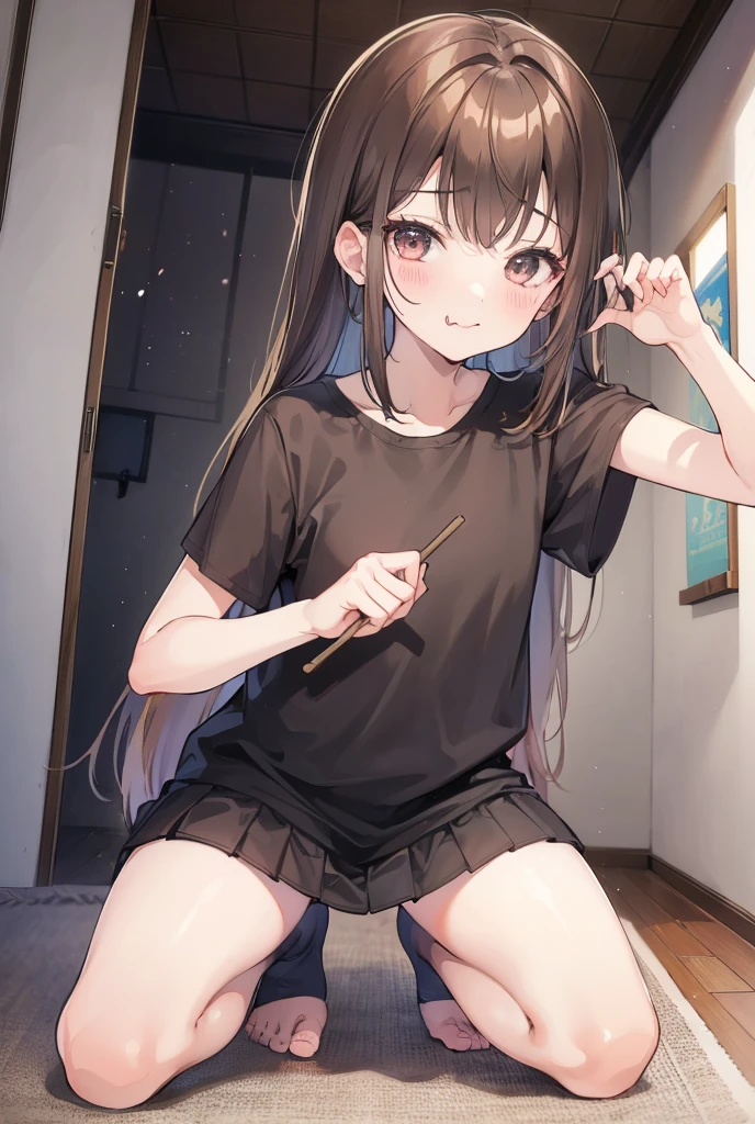 masterpiece, best quality, 1girl, solo, ninomae ina'nis, dark purple hair, tentacle hair, pointy ears, mole under eye, fang, grey eyes, (blue eyes:0.6), blunt bangs, small breasts, ghost white tank top, silver trim, plaid skirt, star print bow panties, hospital, medical equipment, iv, emergency room, head rest, dutch angle, smile
