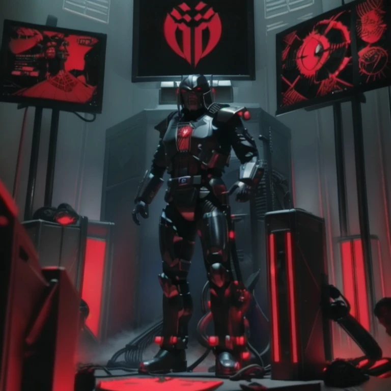 3D rendering,  action figure, (((standing, full body shot))) ,cptpower, biodread, lord dread, black armour, helmet, red cyborg eye, standing before throne, evil, computers, screens, new order logo, realistic photo,  foggy, smoky, war , digital image, 