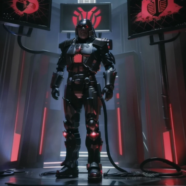 3D rendering,  action figure, (((standing, full body shot))) ,cptpower, biodread, lord dread, black armour, helmet, red cyborg eye, standing before throne, evil, computers, screens, new order logo, realistic photo,  foggy, smoky, war , digital image, 