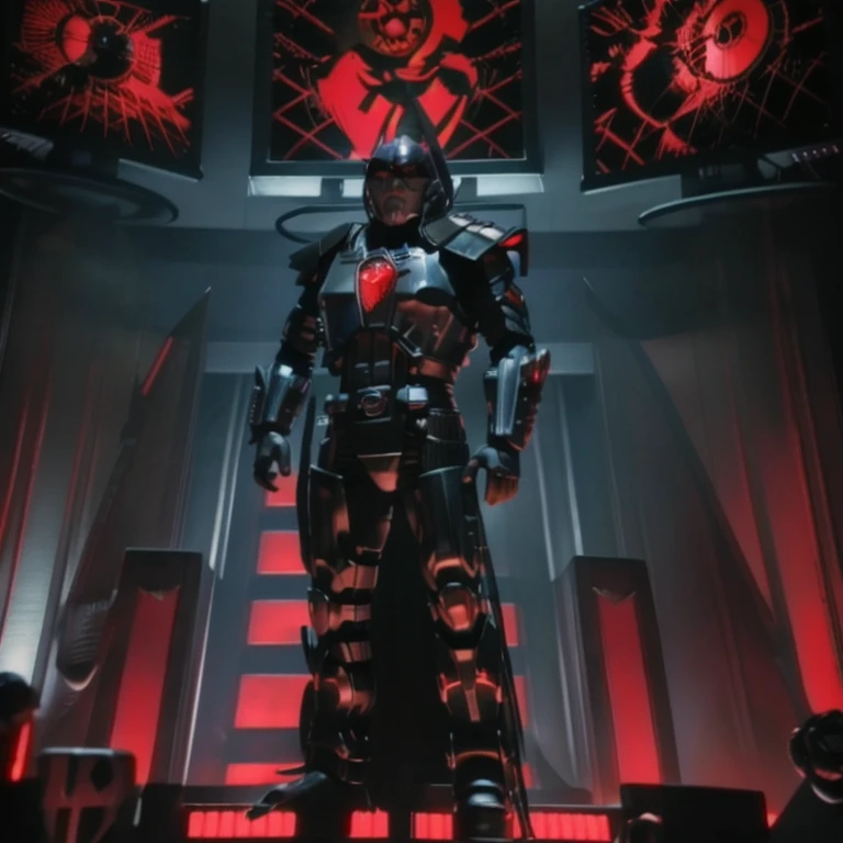 3D rendering,  action figure, (((standing, full body shot))) ,cptpower, biodread, lord dread, black armour, helmet, red cyborg eye, standing before throne, evil, computers, screens, new order logo, realistic photo,  foggy, smoky, war , digital image, 