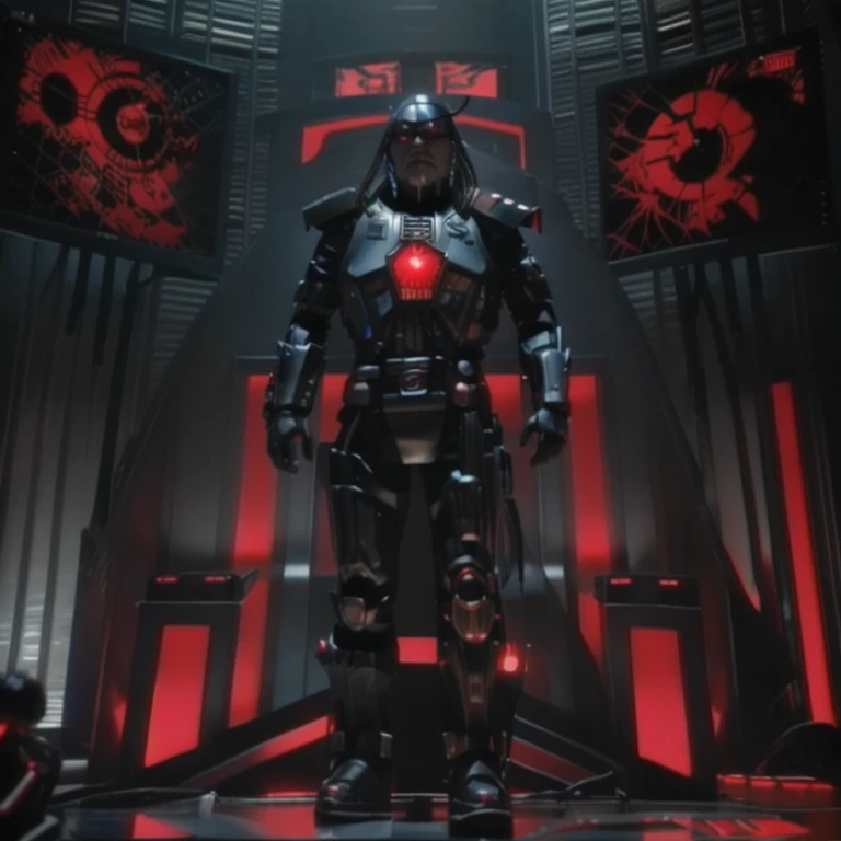 3D rendering,  action figure, (((standing, full body shot))) ,cptpower, biodread, lord dread, black armour, helmet, red cyborg eye, standing before throne, evil, computers, screens, new order logo, realistic photo,  foggy, smoky, war , digital image, 