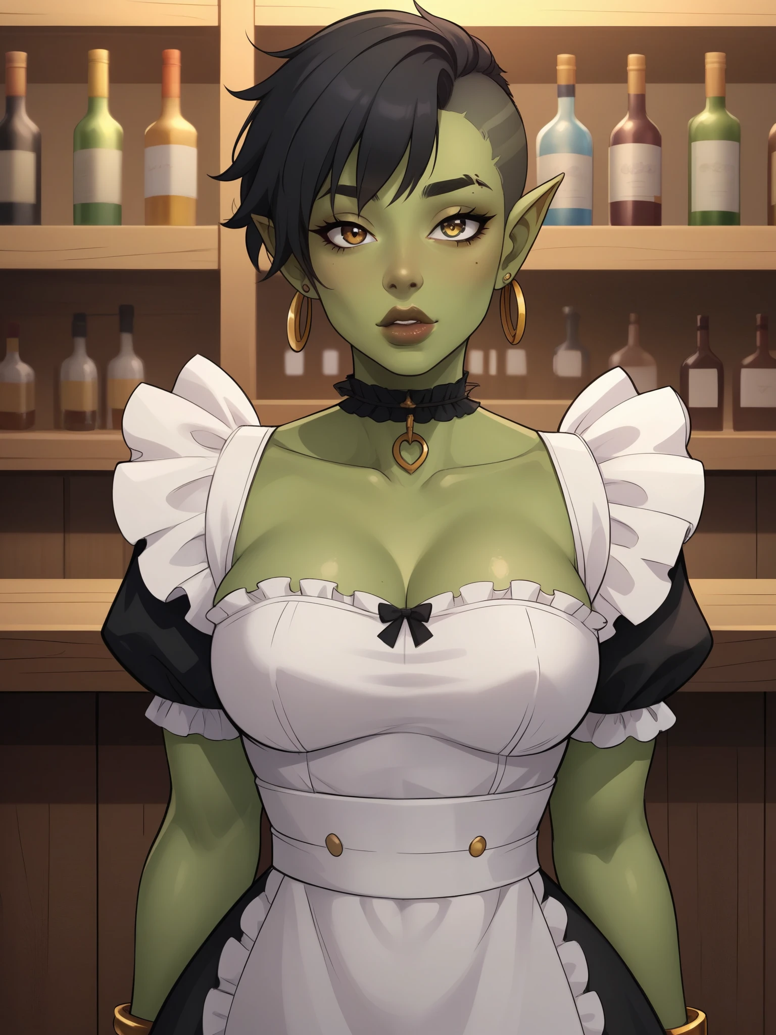 Orc Girl. random eye color. dark green skin. very short hairstyle. choker. random lips color. earrings. gold bracelets. small breasts. huge hips. maid. bar, 