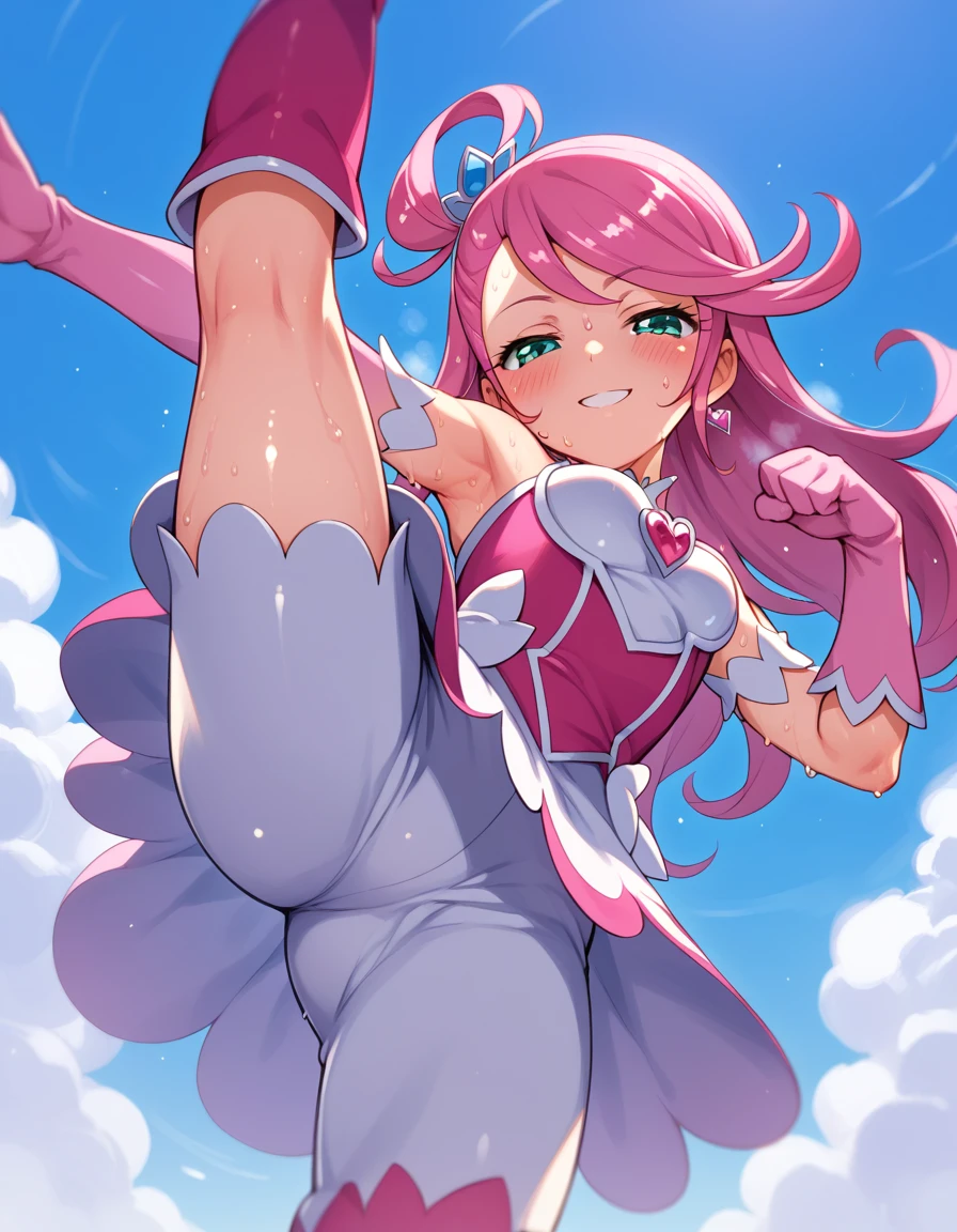 curesword,,,elbow glove,thighboots,smile,,(((sweating,shiny body))),blush,,half closed eyes,,miniskirt,,dynamic pose,((((from below)))),high kick